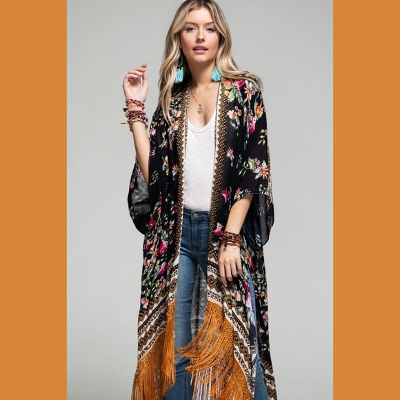 RESTOCK - Boho Floral Print Kimono Tassel Fringe Trim - Picture 5 of 8